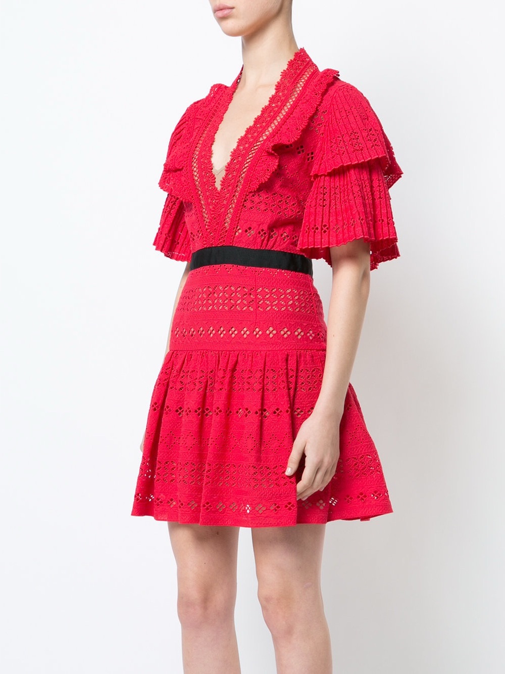 Self-Portrait Red Broderie Anglaise Ruffle Mini Dress US 4 Cocktail Party Gown